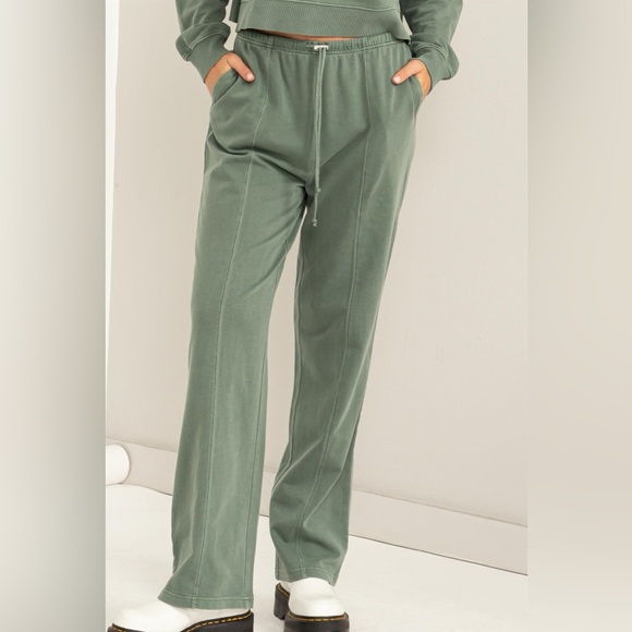 10B. Elastic Waist Drawstring Terry Pants - Gray Green - Picture 1 of 6